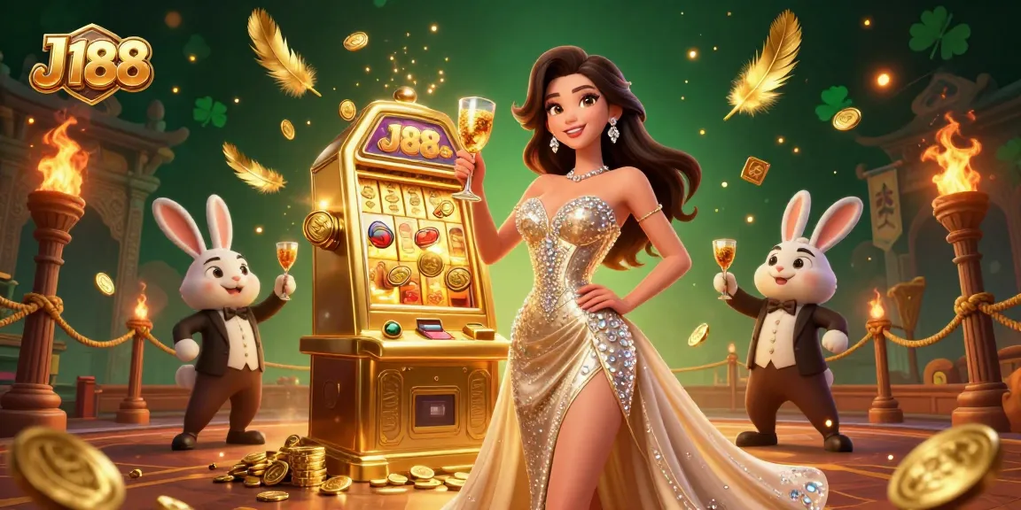Experience the thrill of J188 as you toast with riches beside a jackpot slot machine.