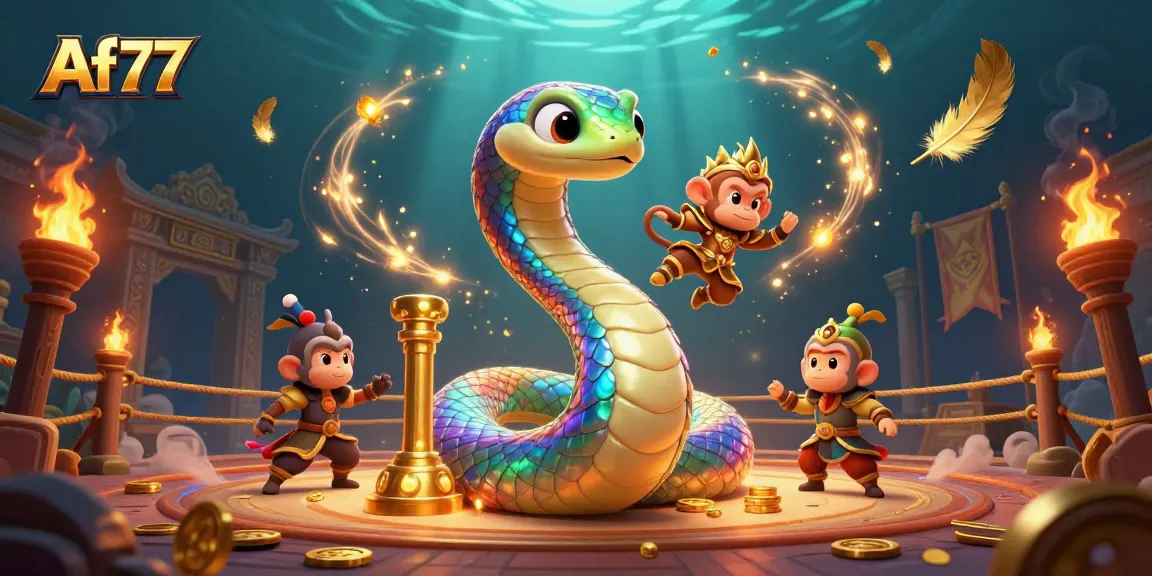 Engage with Af77’s gaming experience featuring a colorful serpent and monkey king in a vibrant casino scene.