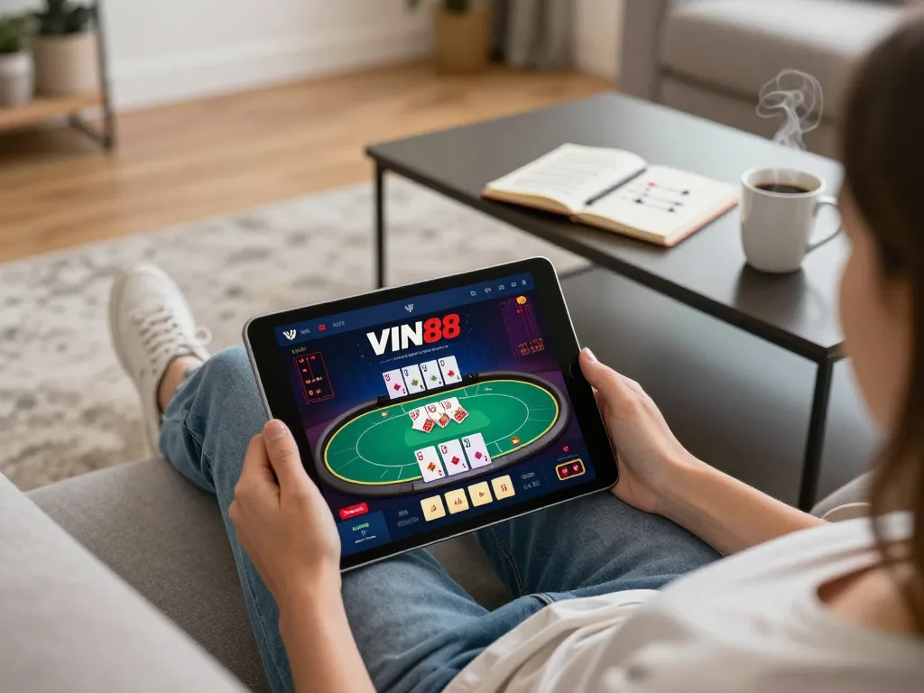 Person engaging with the VIN88 app on tablet while strategizing for online poker game