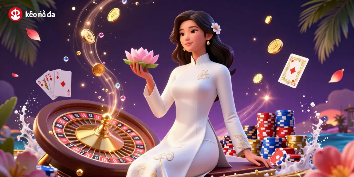 Experience thrilling kèo nhà cái action with a serene Asian woman amidst dazzling casino elements.