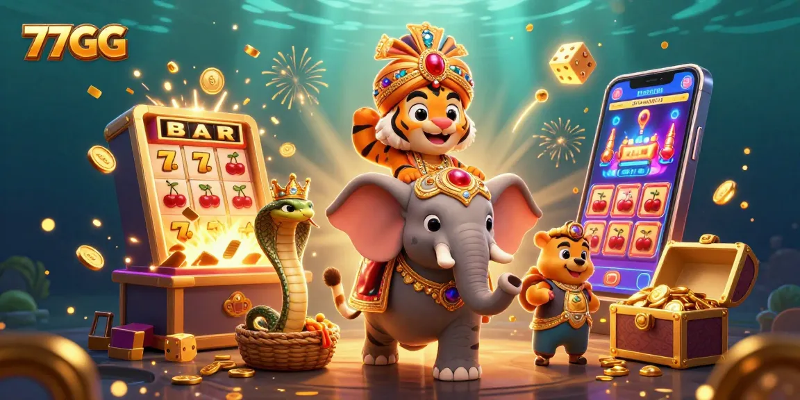 Win big with 77GG at a vibrant 3D casino featuring rich elements like slot machines and treasures!
