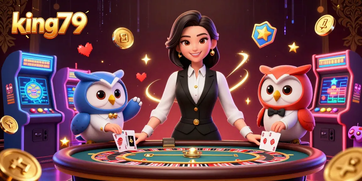 Win big with king79 in an exciting casino scene featuring a dealer and vibrant game elements.