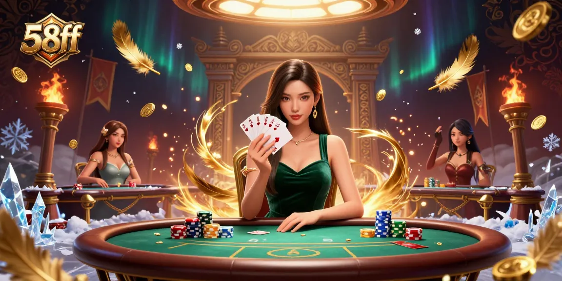 Experience thrilling poker action with 58ff at a luxurious casino table with vibrant gaming elements.