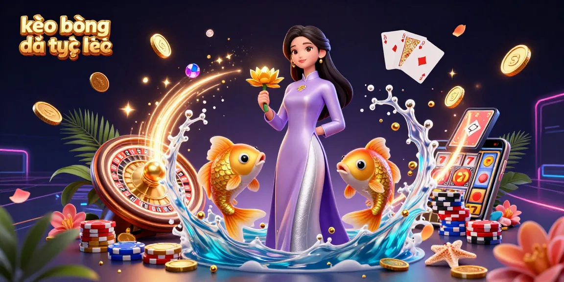 Experience the excitement of kèo bóng đá trực tuyến with vibrant gambling elements in a dynamic 3D illustration.