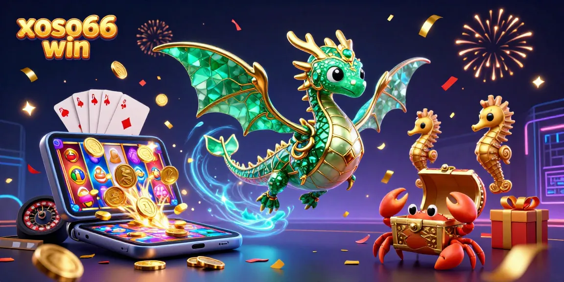 Engage with the vibrant xoso66 win experience featuring a 3D sea dragon, treasure chest, and casino game elements.