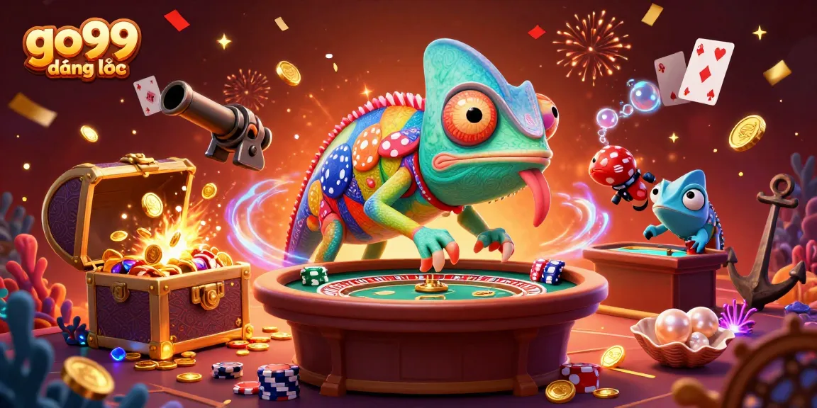 Experience vibrant excitement with go99 đăng nhập in a dynamic casino scene featuring a colorful chameleon and rich gaming elements.