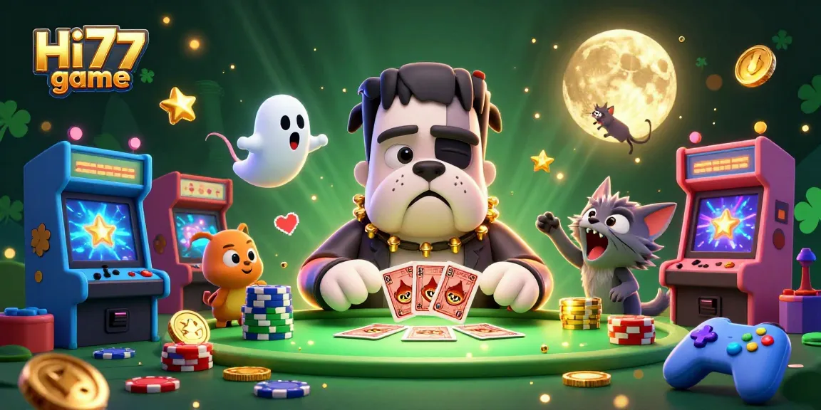 Engage in thrilling gameplay with Hi77 game as the Frankenstein bulldog dealer shuffles cards amidst vibrant casino elements.