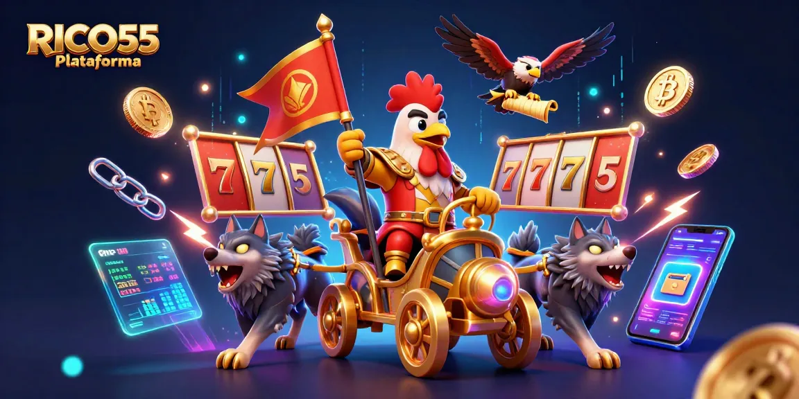 Experience the thrill at RICO55 Plataforma with a dynamic 3D casino scene featuring a warlord and gold coins.