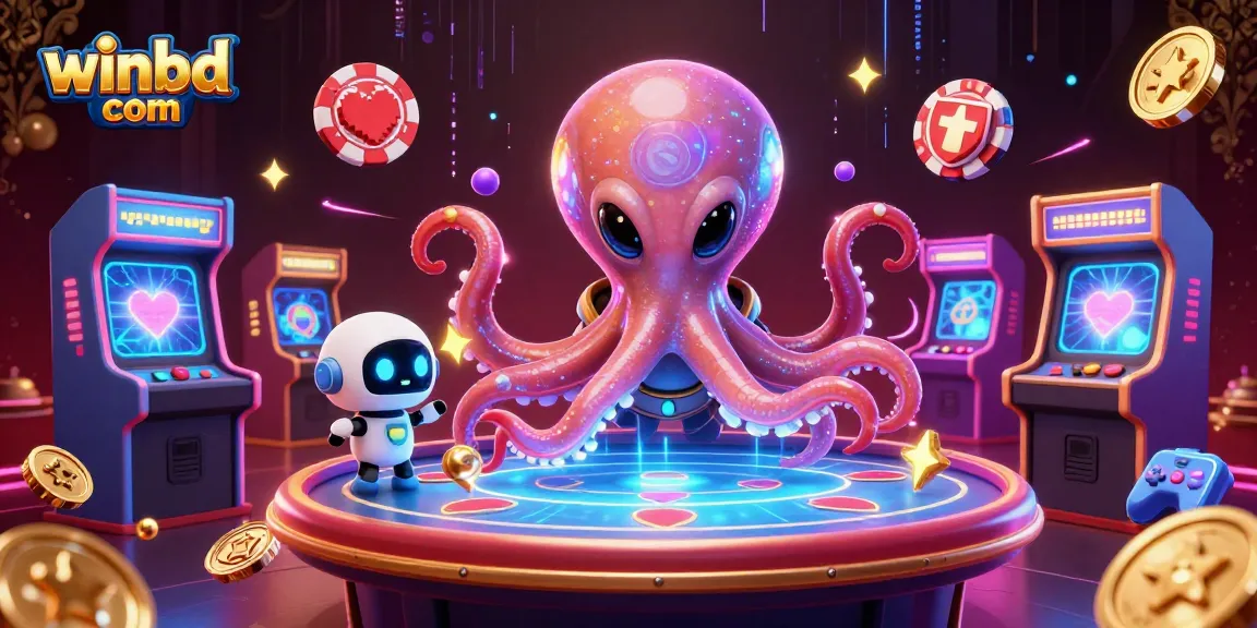 Experience the vibrant action at winbd com with a 3D cartoon illustration of an octopus playing poker.
