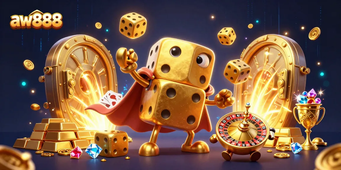 A thrilling scene depicting aw888 with a dice golem, colorful casino elements, and rich treasure all around.