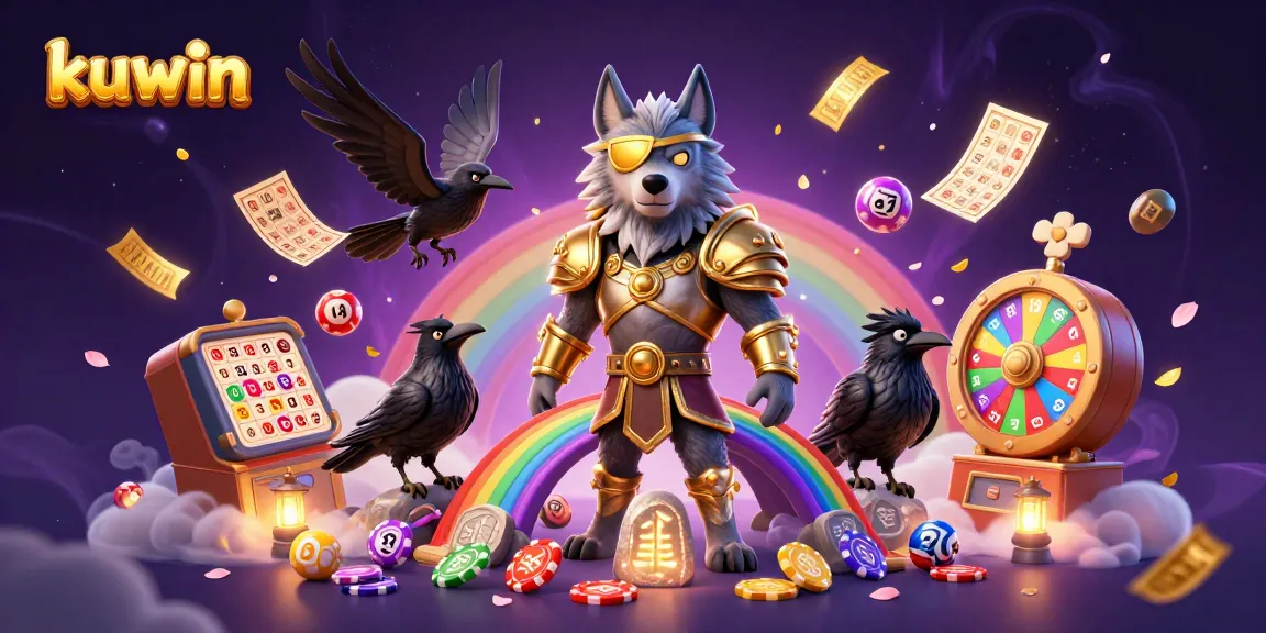kuwin showcases a vibrant casino atmosphere, featuring Odin and ravens amidst colorful gambling elements.