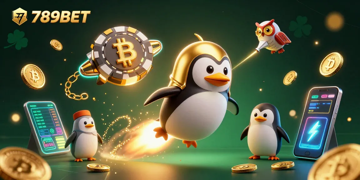 Experience the excitement of 789BET with a dynamic golden penguin and casino elements in a vibrant space.