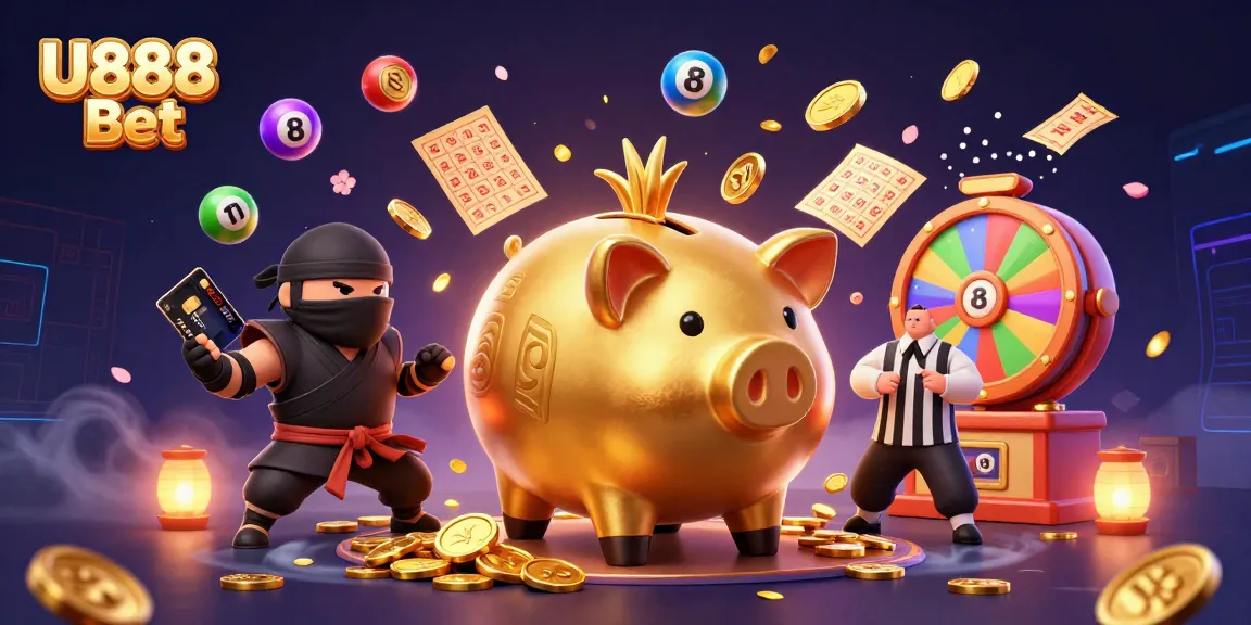 Experience thrilling gaming action with U888 Bet, featuring colorful lottery balls and dynamic characters.